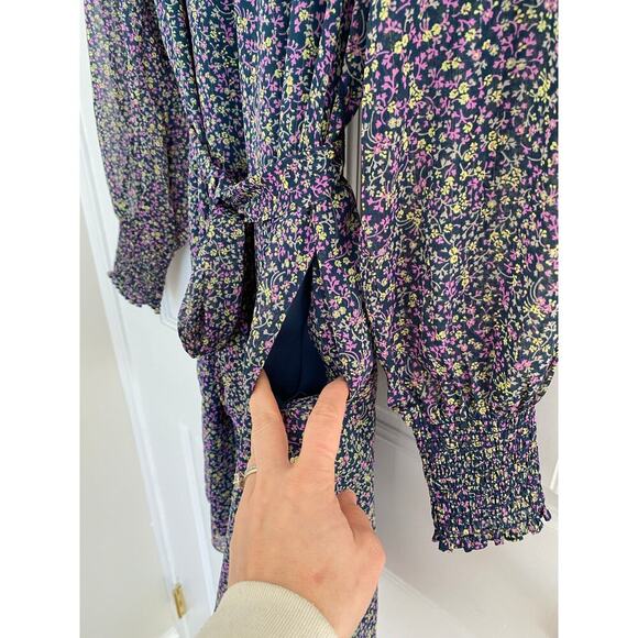 BODEN Smocked Yoke Floral Metallic Tie Waist Long Sleeve Mock Neck Dress 8 - Picture 11 of 16